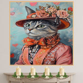 Elegance in Bloom: Cat in a European-Inspired Flowery Dress and Hat with a Heartfelt Touch Romantic Painting on Ready to Hang 1.5" Thick Canvas Wrap, Floating Framed Canvas, Flat Rolled Canvas